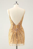 Load image into Gallery viewer, Golden Bodycon Spaghetti Straps Graduation Dress with Sequins