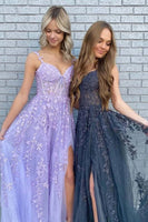 Load image into Gallery viewer, Lilac A-Line Spaghetti Straps Tulle Prom Dress with Appliques