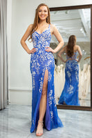 Load image into Gallery viewer, Blue Mermaid Spaghetti Straps Long Prom Dress with Appliques