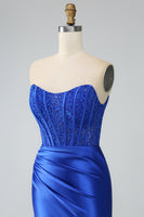Load image into Gallery viewer, Royal Blue Mermaid Strapless Long Corset Prom Dress with Slit
