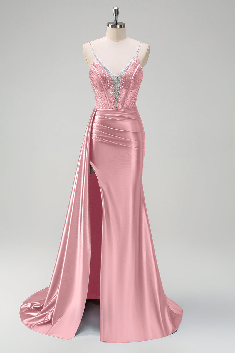 Load image into Gallery viewer, Navy Mermaid V Neck Corset Beaded Prom Dress with Slit