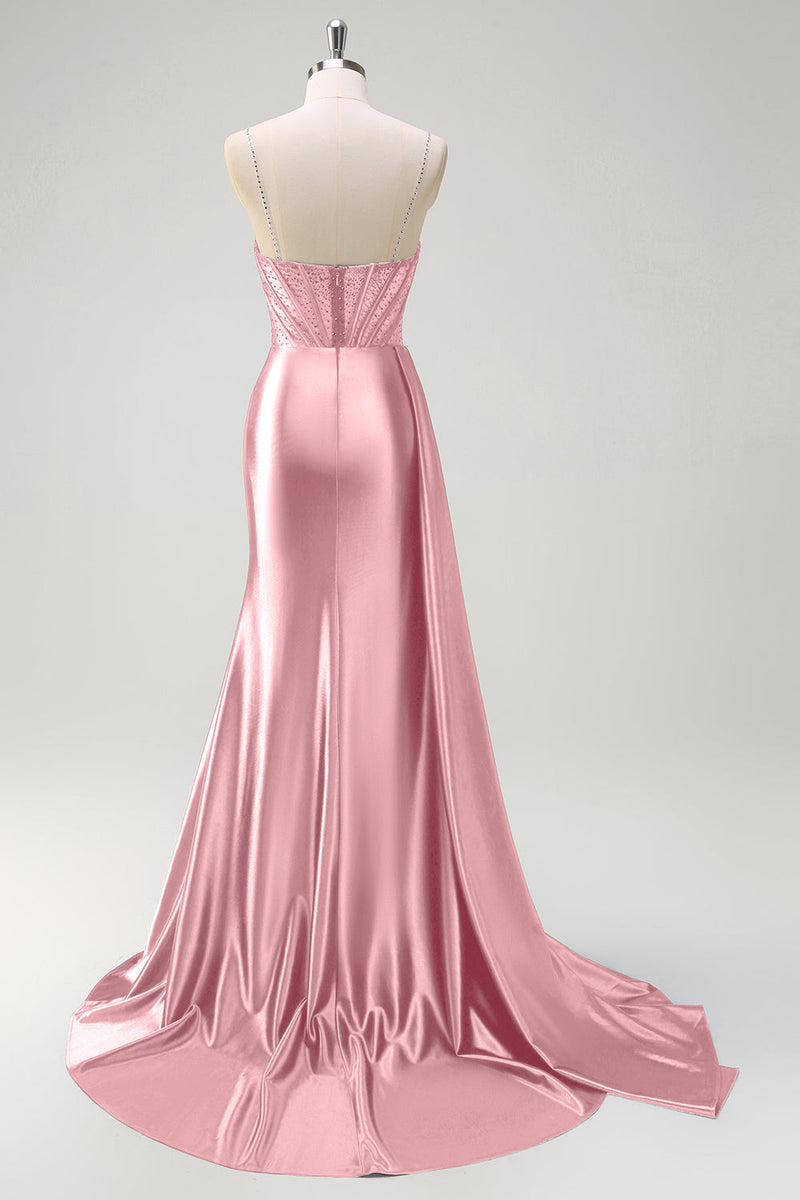 Load image into Gallery viewer, Navy Mermaid V Neck Corset Beaded Prom Dress with Slit