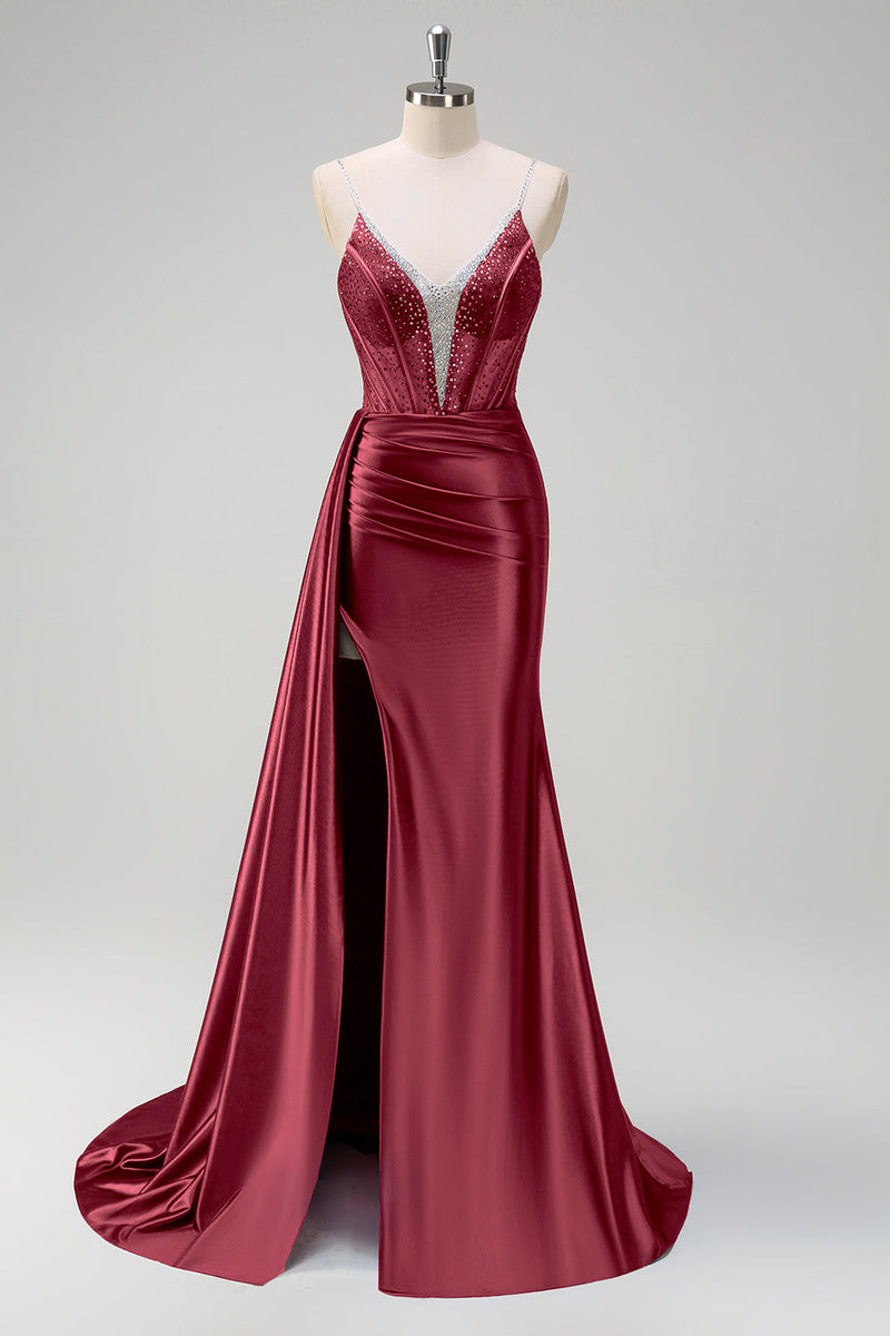 Load image into Gallery viewer, Navy Mermaid V Neck Corset Beaded Prom Dress with Slit