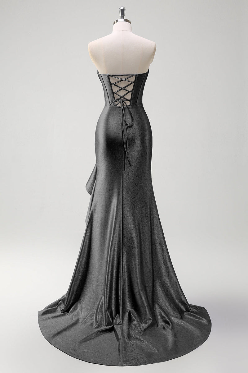 Load image into Gallery viewer, Sparkly Grey Blue Mermaid Strapless Corset Long Prom Dress