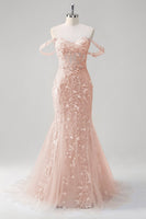 Load image into Gallery viewer, Off the Shoulder Blue Mermaid Sequin Floral Corset Prom Dress