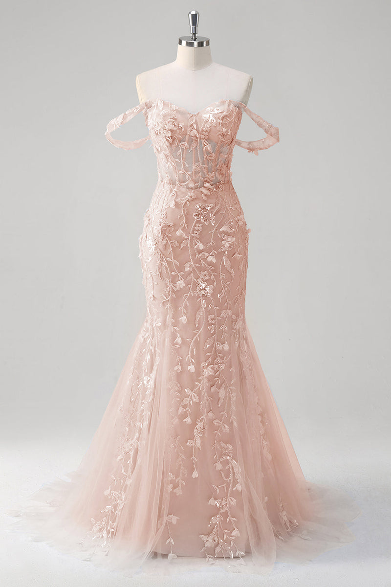 Load image into Gallery viewer, Off the Shoulder Blue Mermaid Sequin Floral Corset Prom Dress