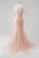 Load image into Gallery viewer, Off the Shoulder Blue Mermaid Sequin Floral Corset Prom Dress