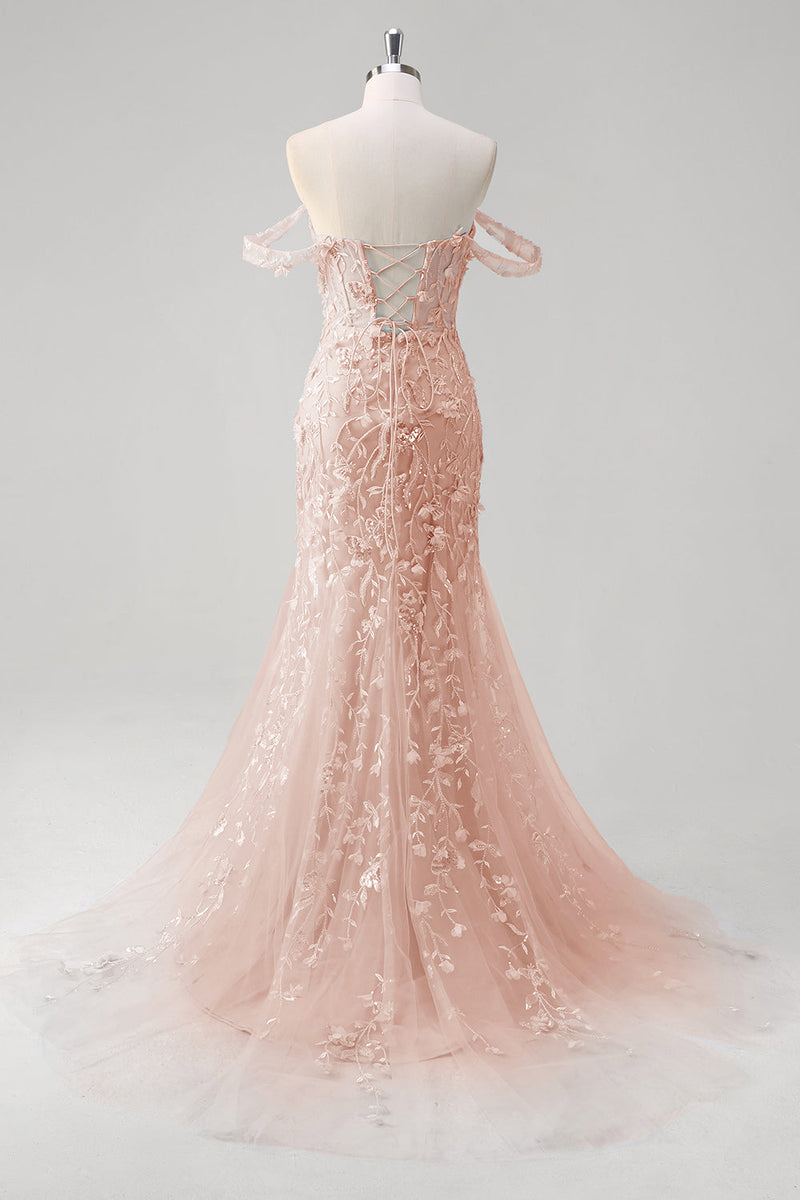 Load image into Gallery viewer, Off the Shoulder Blue Mermaid Sequin Floral Corset Prom Dress