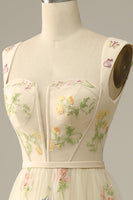 Load image into Gallery viewer, Blue Tulle A Line Prom Dress with Embroidered