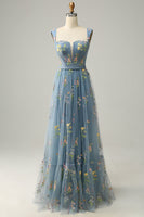 Load image into Gallery viewer, Blue Tulle A Line Prom Dress with Embroidered