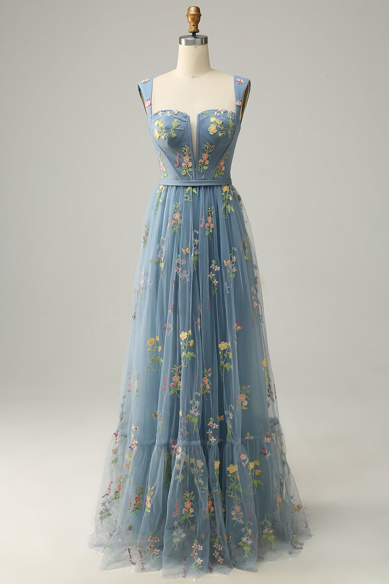 Hellymoon Women A Line Prom Dress with Embroidered Blue Tulle Sleeveless  Party Dress – hellymoonuk