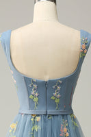 Load image into Gallery viewer, Blue Tulle A Line Prom Dress with Embroidered