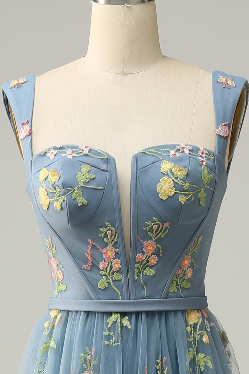 Load image into Gallery viewer, Green Tulle A Line Prom Dress with Embroidered