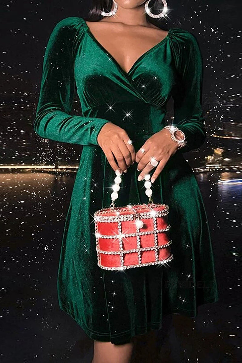 Hellymoon Women Green Christmas Dress Long Sleeves V-Neck Velvet