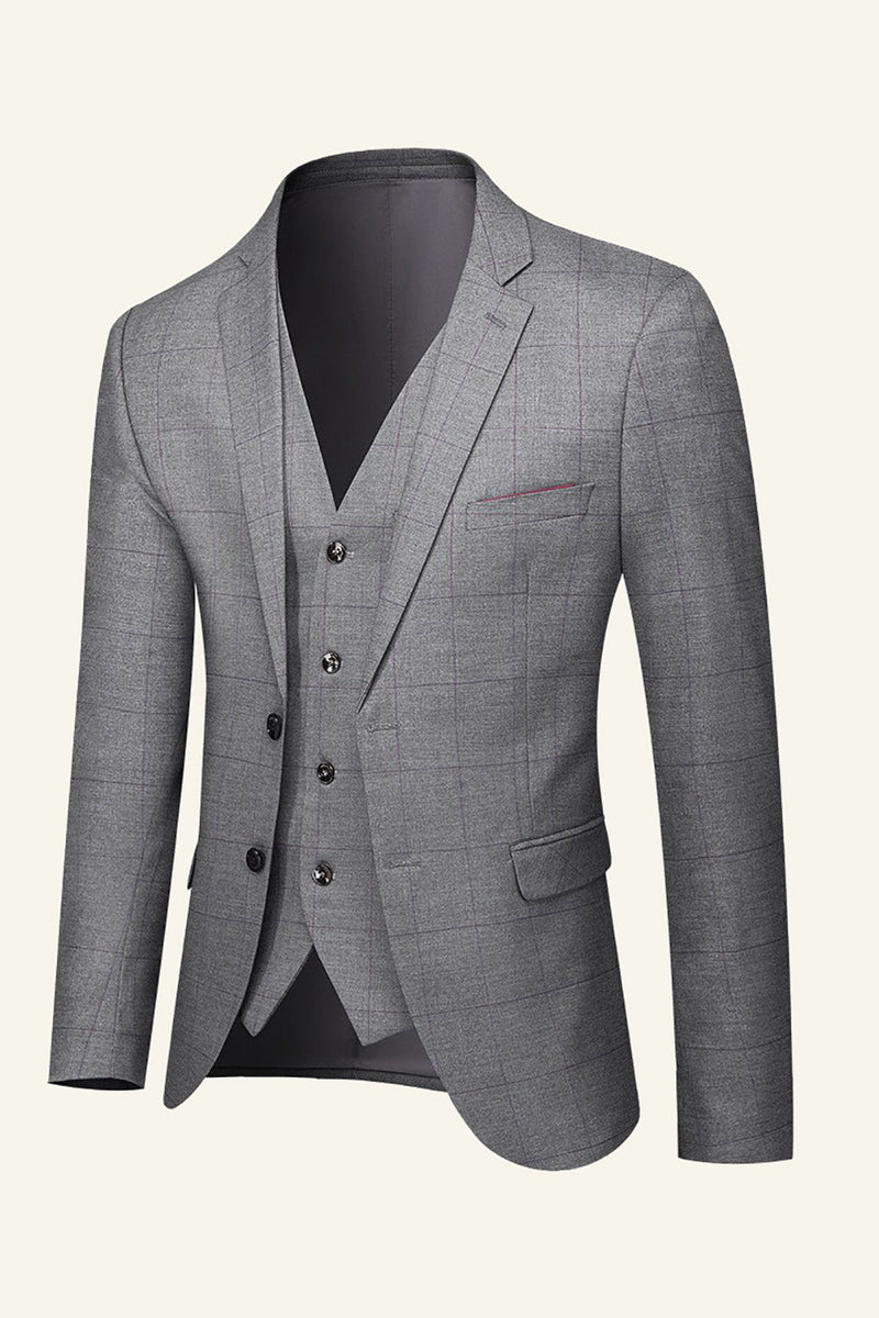 Load image into Gallery viewer, Grey Plaid 3 Piece Notched Lapel Men's Wedding Suits