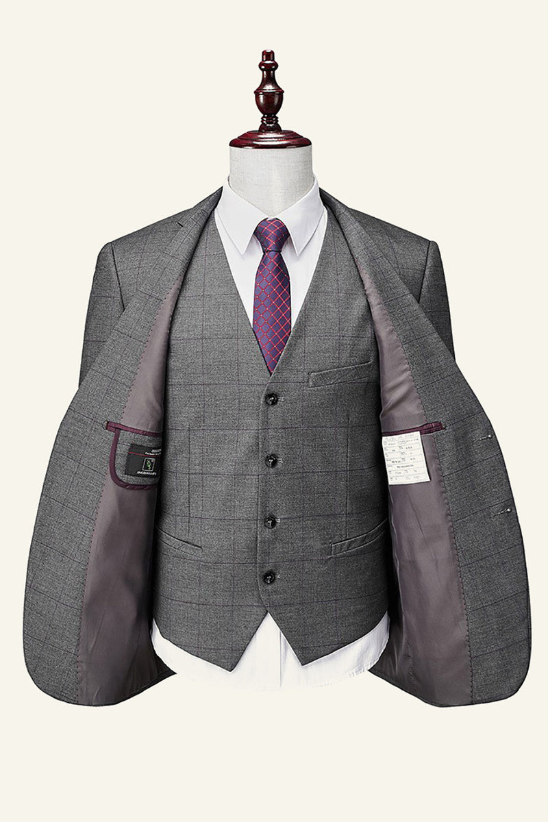 Load image into Gallery viewer, Grey Plaid 3 Piece Notched Lapel Men's Wedding Suits