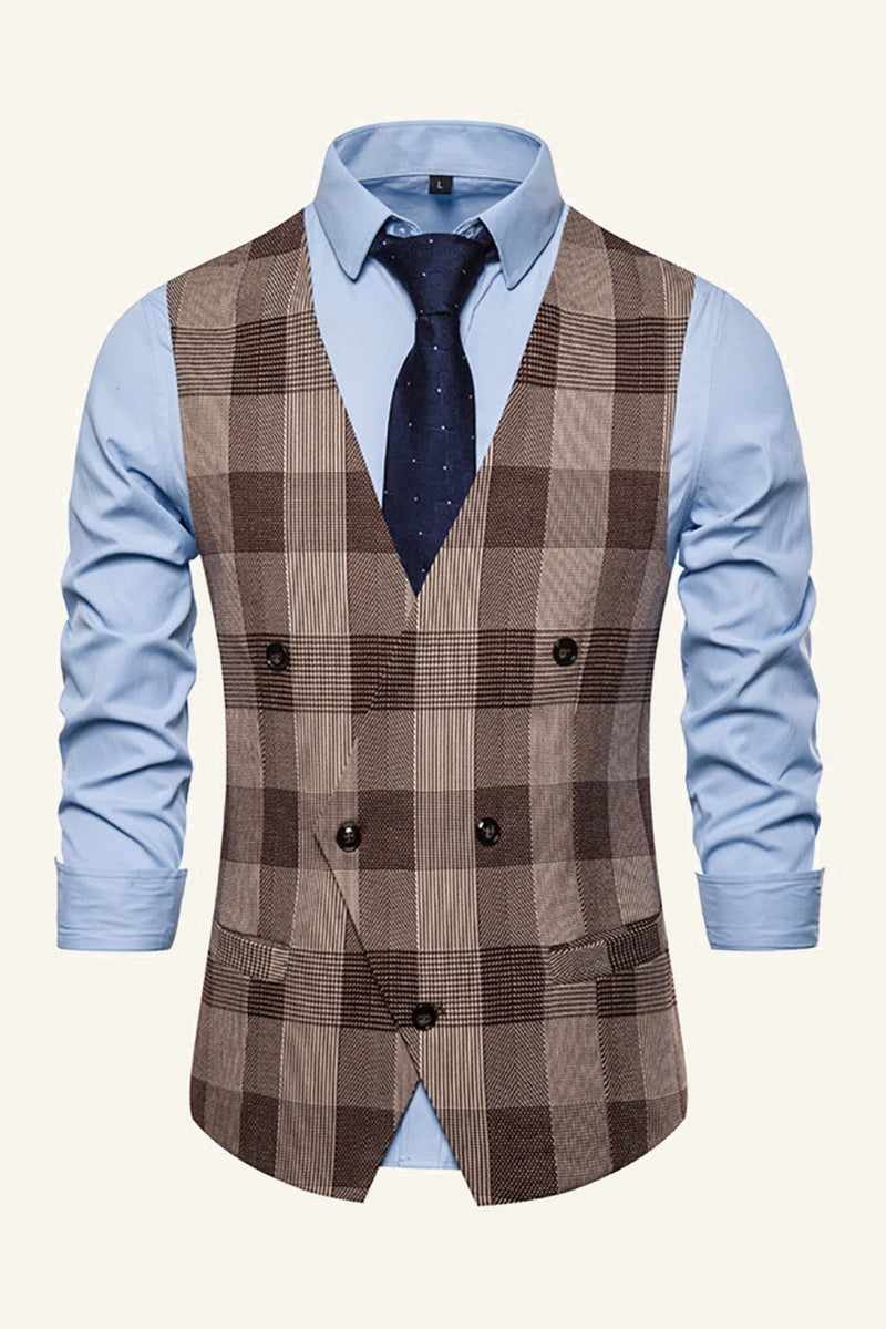 Load image into Gallery viewer, Lapel Brown Men's Check Vest