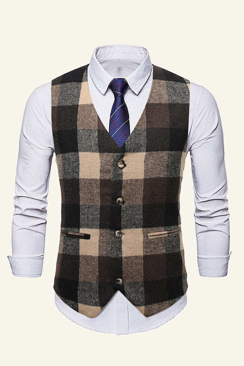 Load image into Gallery viewer, Lapel Brown Men's Suit Check Vest