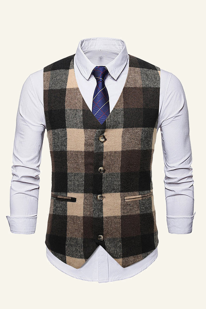 Load image into Gallery viewer, Lapel Brown Men's Suit Check Vest