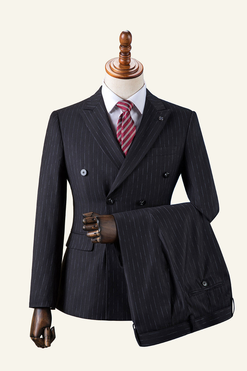 Load image into Gallery viewer, Black Striped Double-Breasted Peaked Lapel 3-Piece Men's Suit