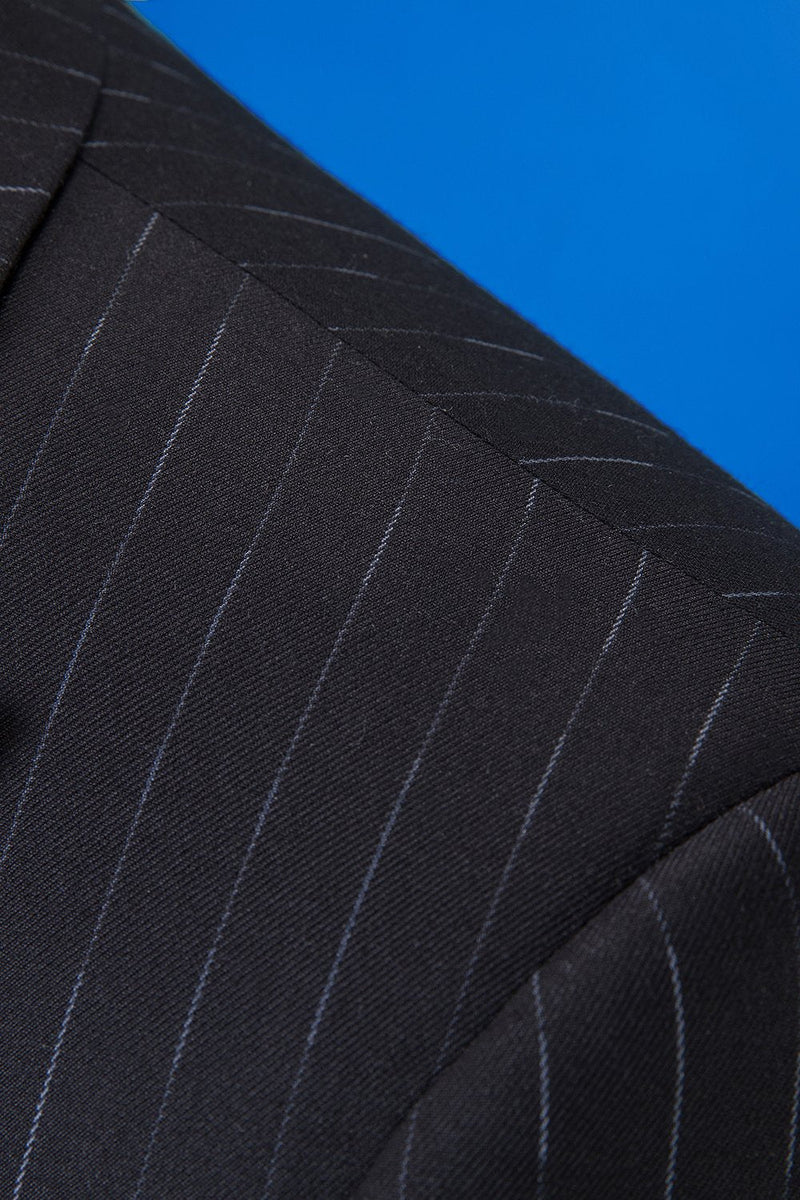 Load image into Gallery viewer, Black Striped Double-Breasted Peaked Lapel 3-Piece Men's Suit