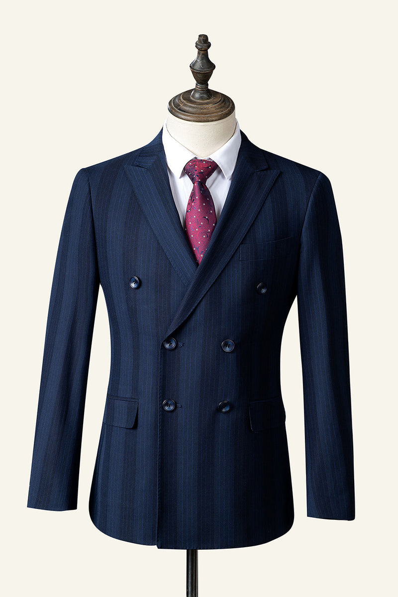 Load image into Gallery viewer, Dark Blue Pinstripe 3-Piece Double-Breasted Men's Suit