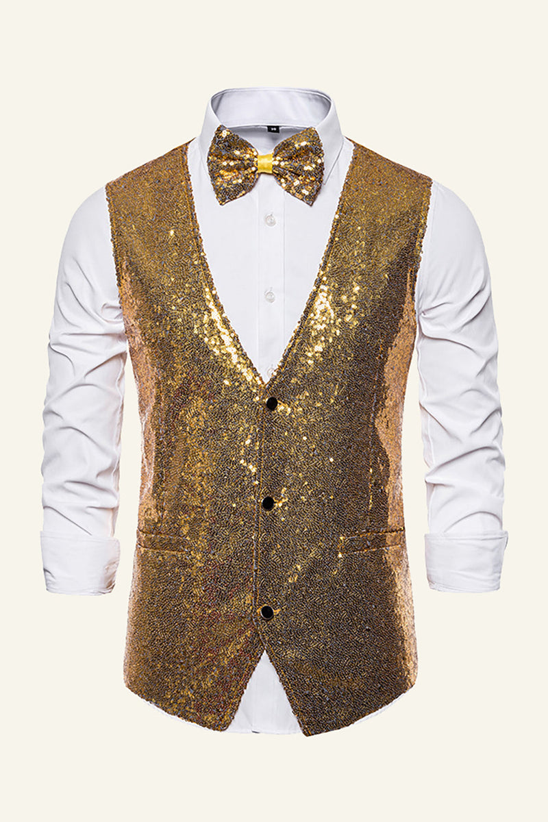 Load image into Gallery viewer, Sparkly Golden Lapel Sequins Men's Vest with Bow Tie
