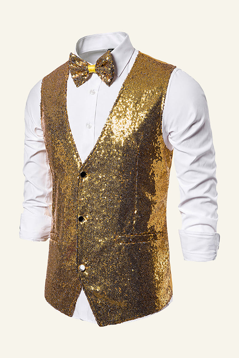 Load image into Gallery viewer, Sparkly Golden Lapel Sequins Men's Vest with Bow Tie