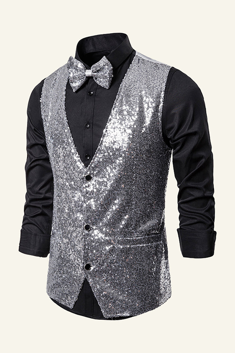 Load image into Gallery viewer, Sparkly Golden Lapel Sequins Men's Vest with Bow Tie