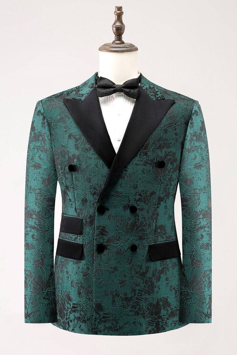 Load image into Gallery viewer, Dark Green Peak Lapel Double Breasted 2 Piece Jacquard Men's Prom Suits