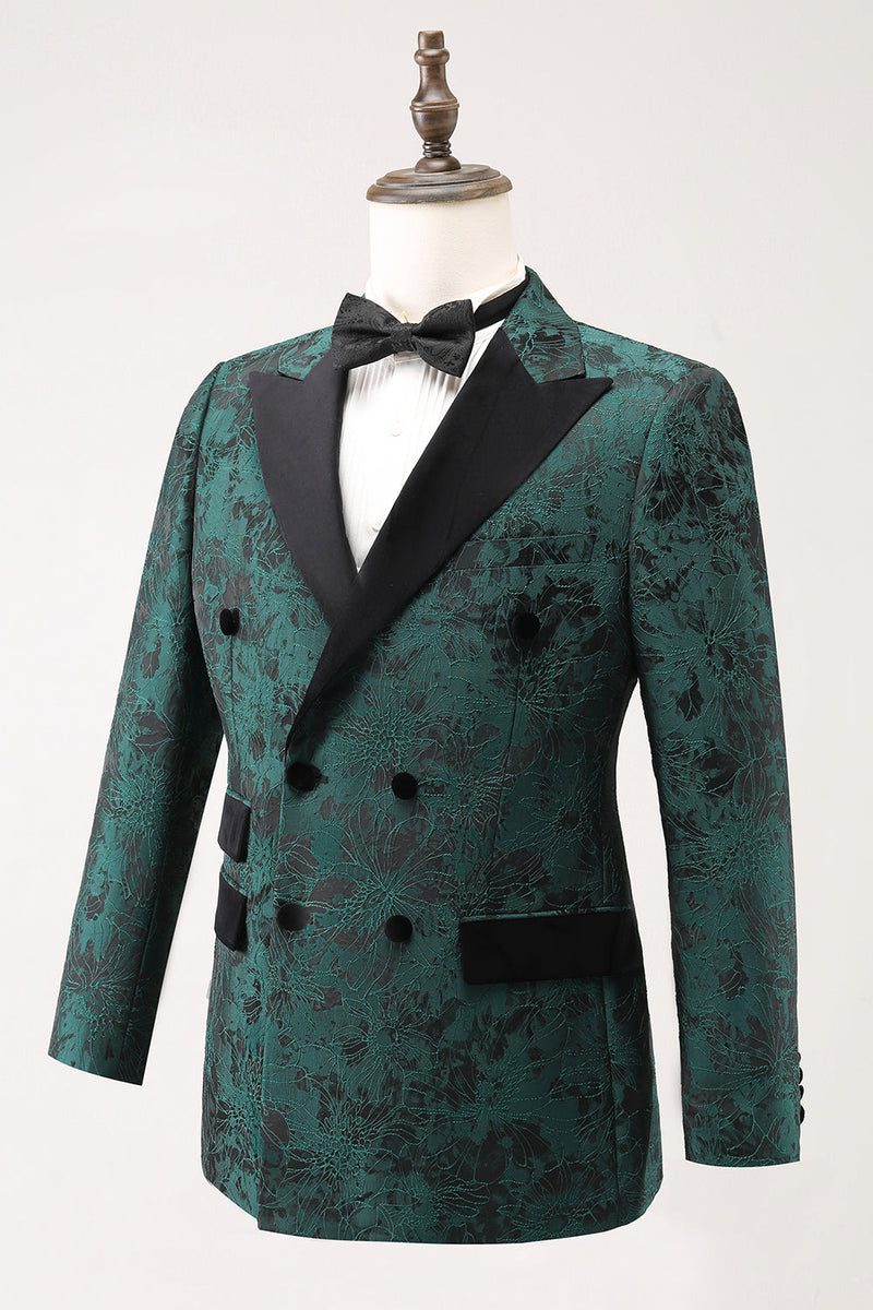 Load image into Gallery viewer, Dark Green Peak Lapel Double Breasted 2 Piece Jacquard Men's Prom Suits