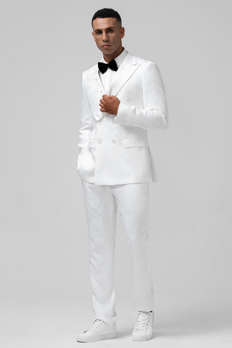 Mens 4 Buttons Notch Label Semi Wide Leg Shiny Tonal Stripe Fashion Suit in White main image 1