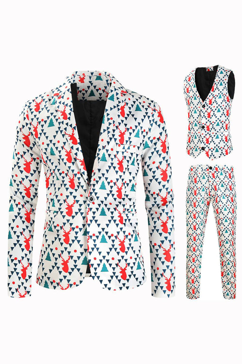 Load image into Gallery viewer, White Reindeer Printed 3 Piece Christmas Men's Suits