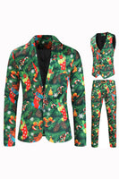 Load image into Gallery viewer, Green Printed 3 Piece Notched Lapel Christmas Men's Suits