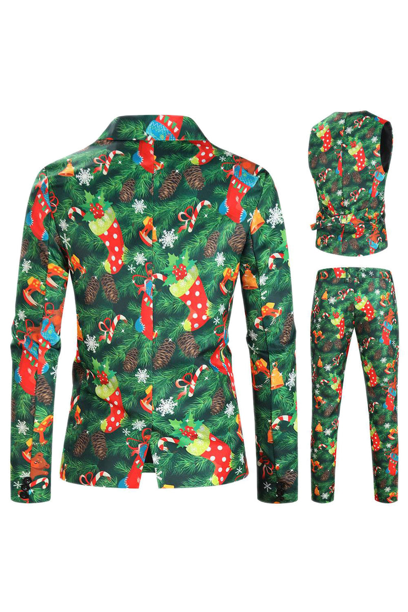 Load image into Gallery viewer, Green Printed 3 Piece Notched Lapel Christmas Men's Suits