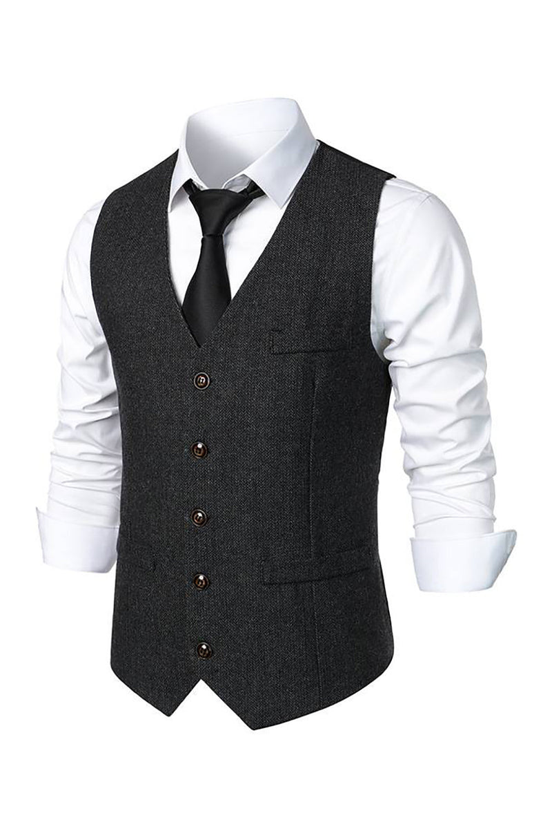 Load image into Gallery viewer, Black Single Breasted  V Neck Men's Retro Casual Vest