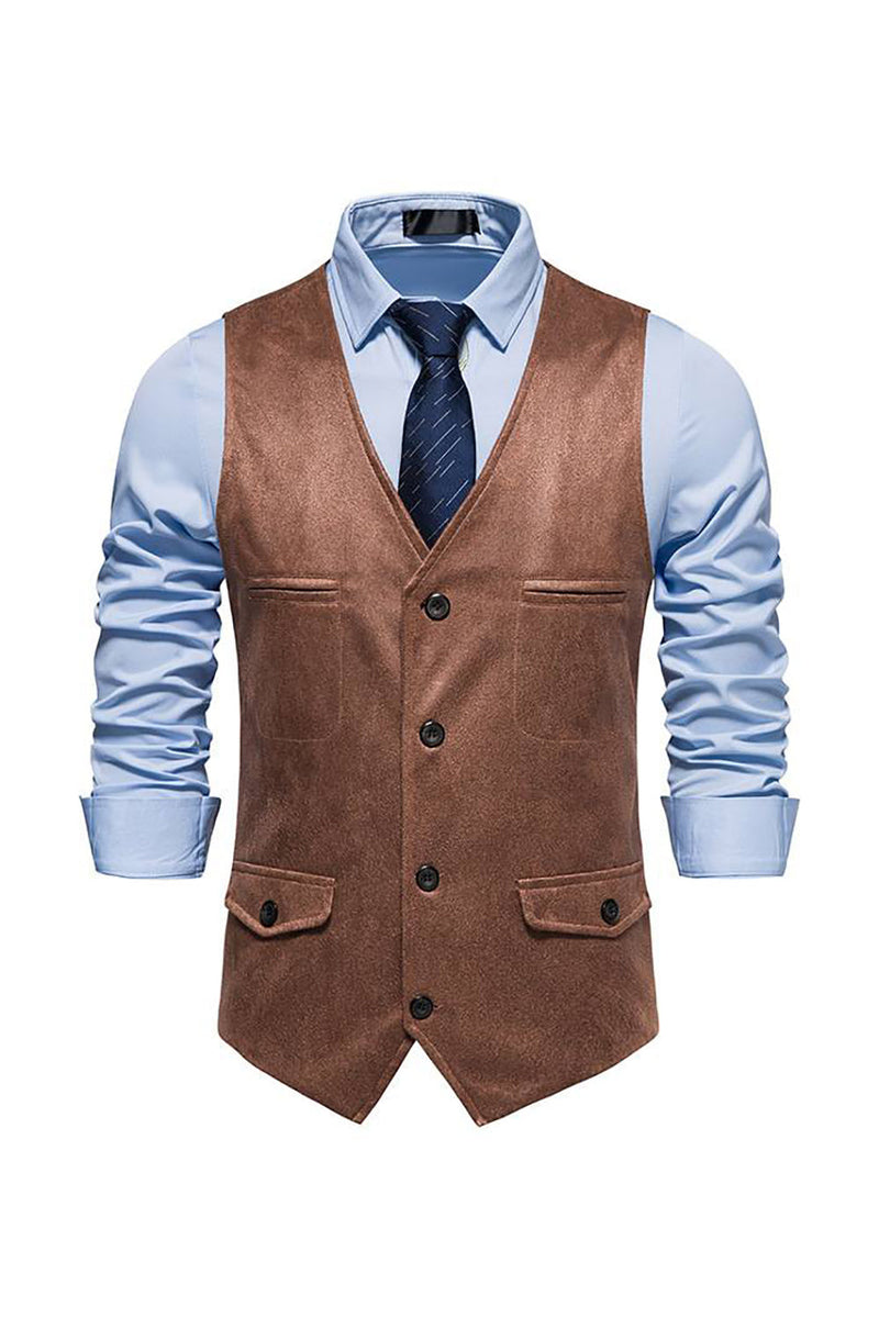 Load image into Gallery viewer, Brown V-Neck Suede Single-Breasted Men's Casual Vest