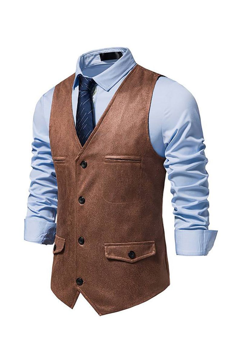 Load image into Gallery viewer, Brown V-Neck Suede Single-Breasted Men's Casual Vest