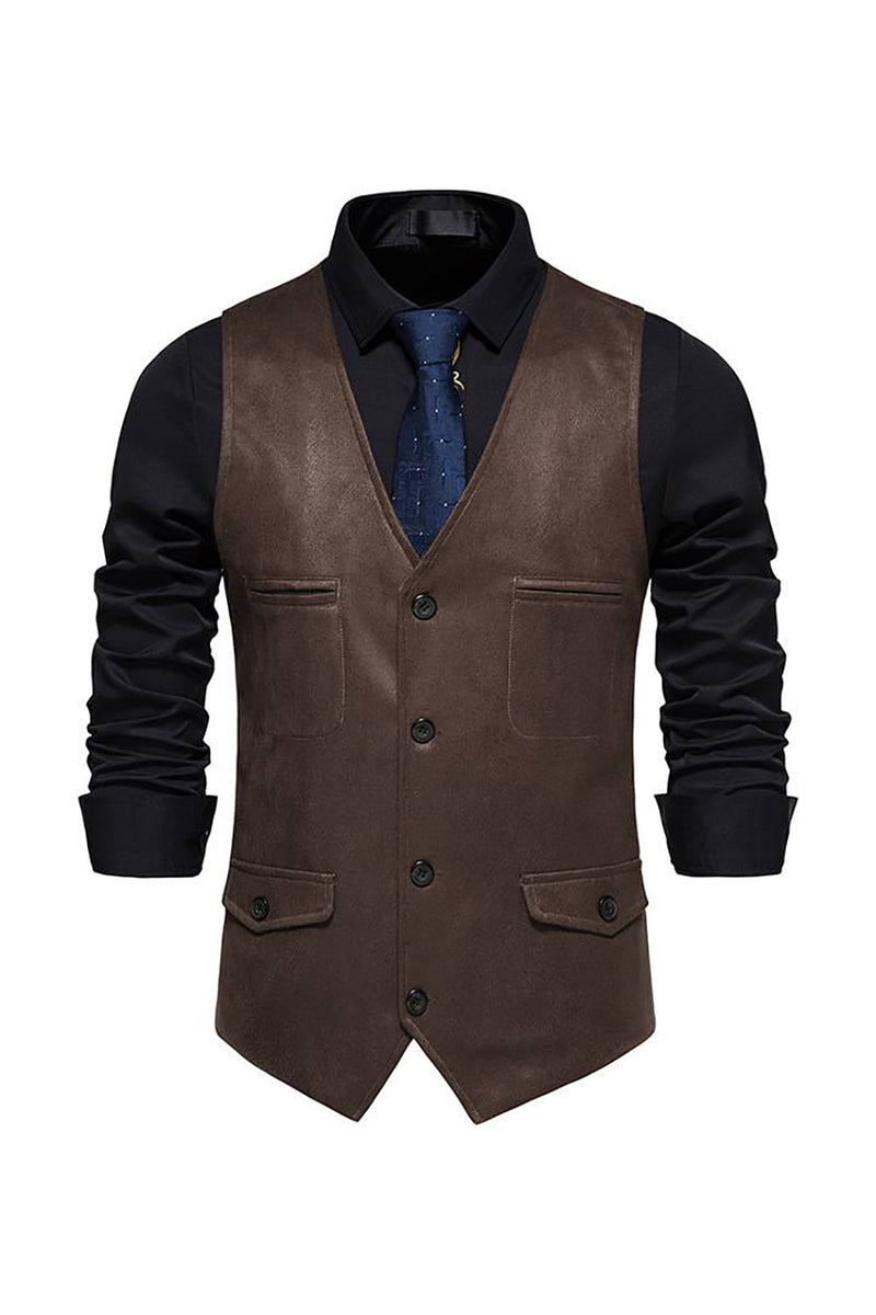 Load image into Gallery viewer, Brown V-Neck Suede Single-Breasted Men's Casual Vest
