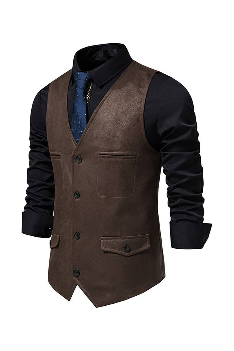 Load image into Gallery viewer, Brown V-Neck Suede Single-Breasted Men's Casual Vest