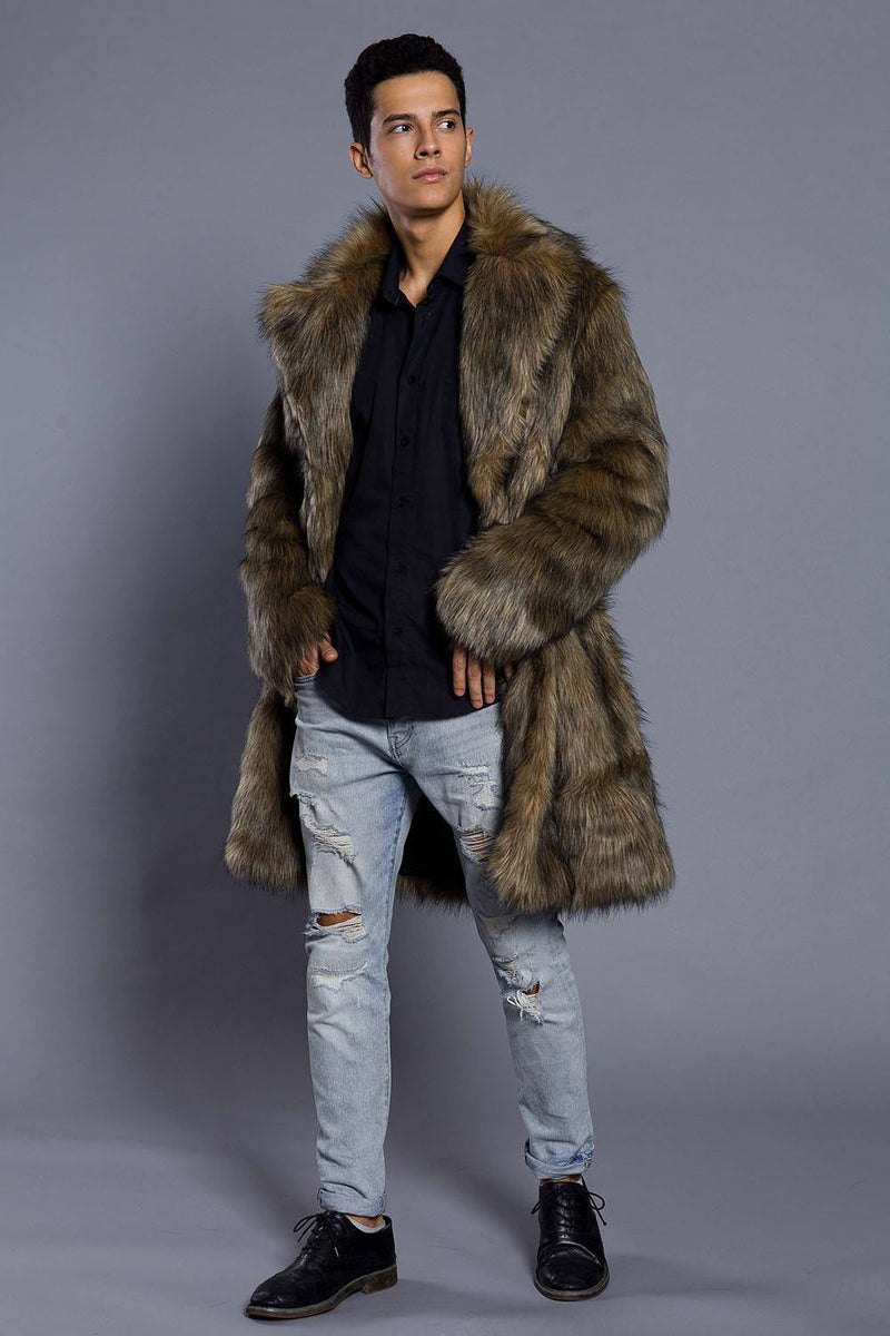 Load image into Gallery viewer, Brown Lapel Neck Long Men Faux Fur Coat