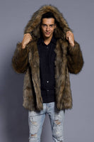 Load image into Gallery viewer, Brown Open Front Lapel Neck Long Faux Fur Men Coat