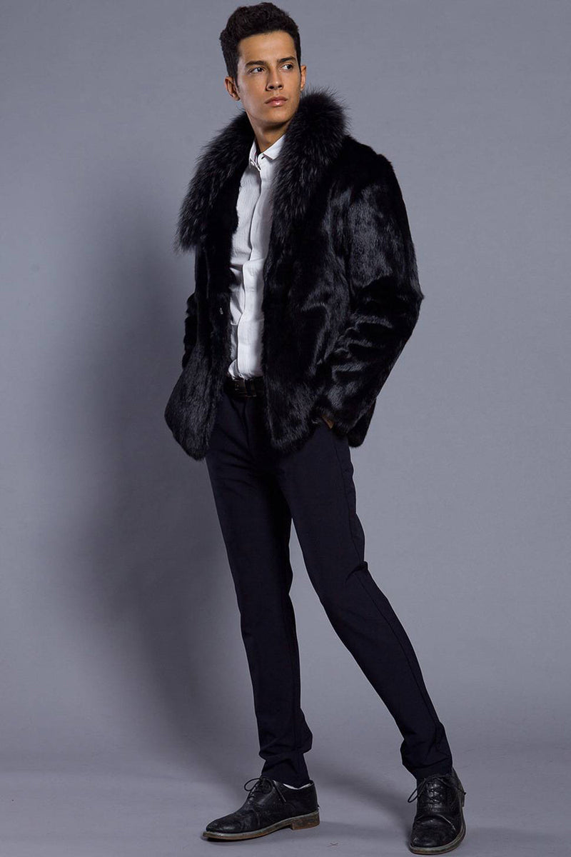 Load image into Gallery viewer, Black Lapel Neck Cropped Faux Fur Men Coat