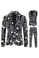 Load image into Gallery viewer, Men's Black Christmas Printed 3-Piece One Button Party Suits