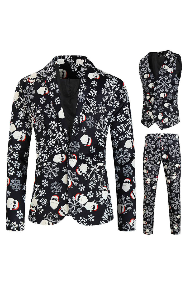 Load image into Gallery viewer, Men's Black Christmas Printed 3-Piece One Button Party Suits