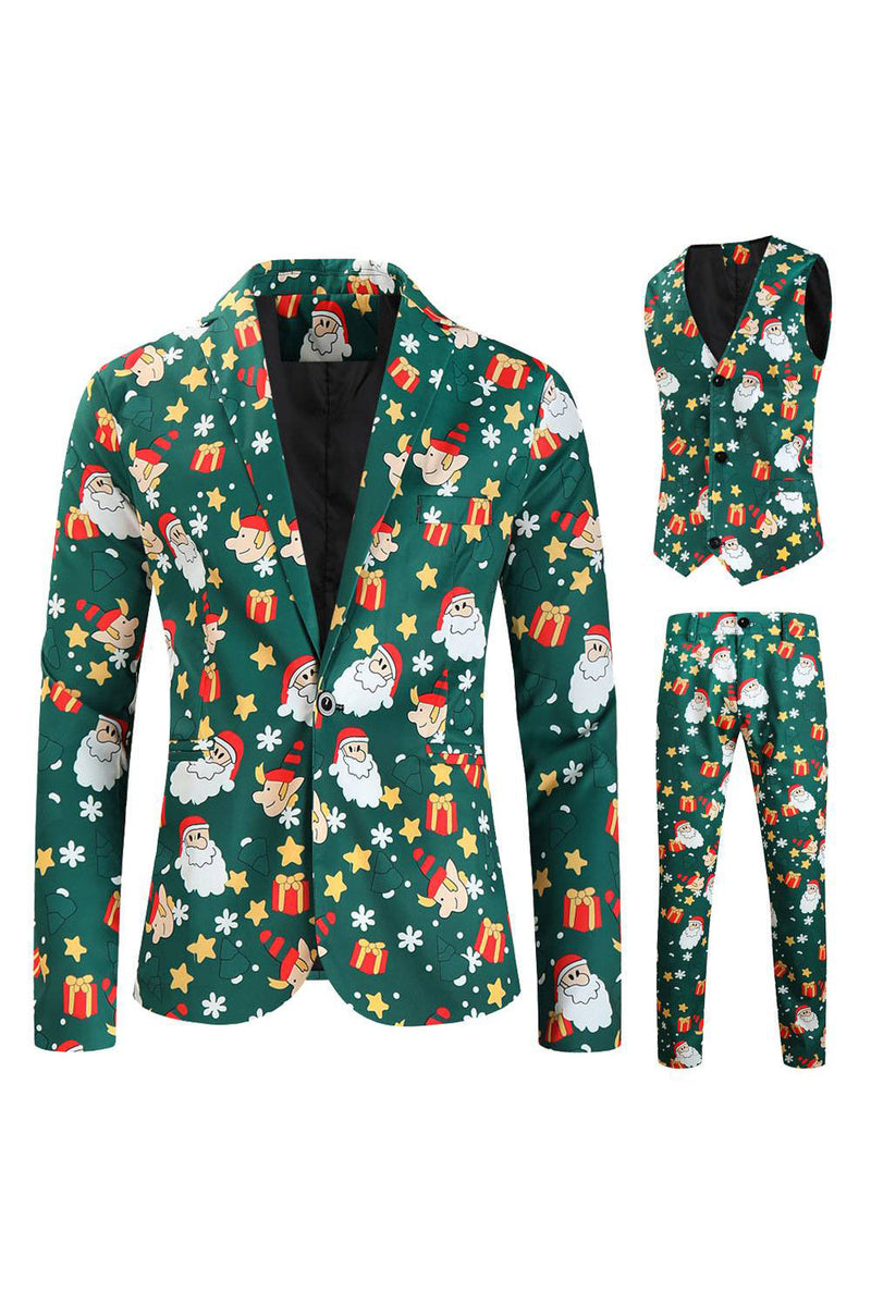 Load image into Gallery viewer, Men's Green Christmas Printed 3-Piece One Button Party Suits