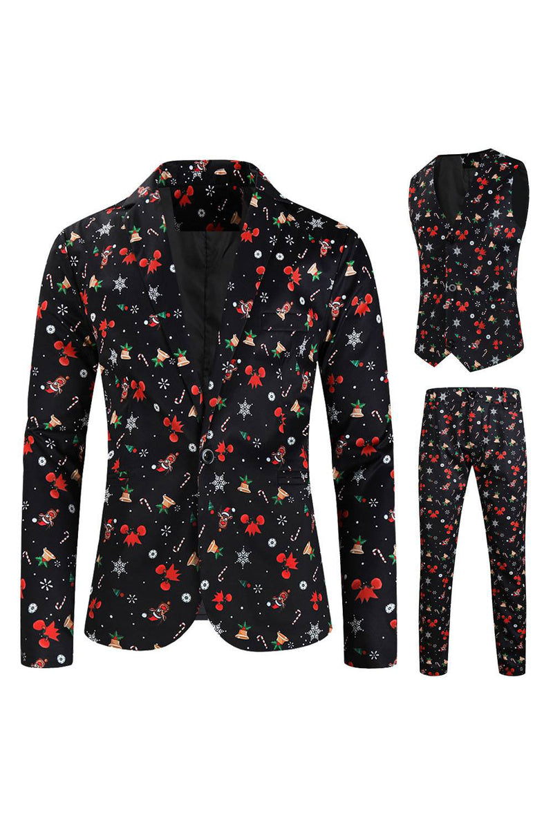 Load image into Gallery viewer, Men's Black Christmas Printed 3-Piece One Button Party Suits
