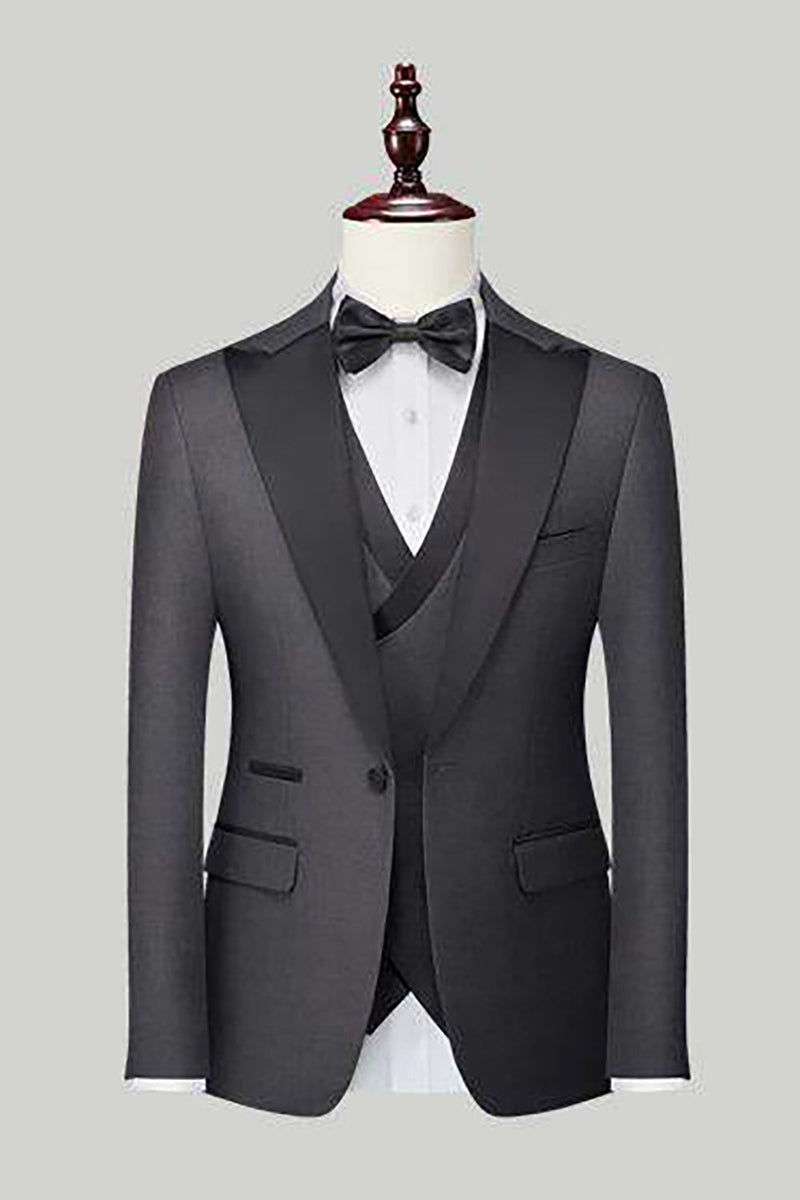 Load image into Gallery viewer, Black Grey 3 Piece Peak Lapel One Button Men's Suits