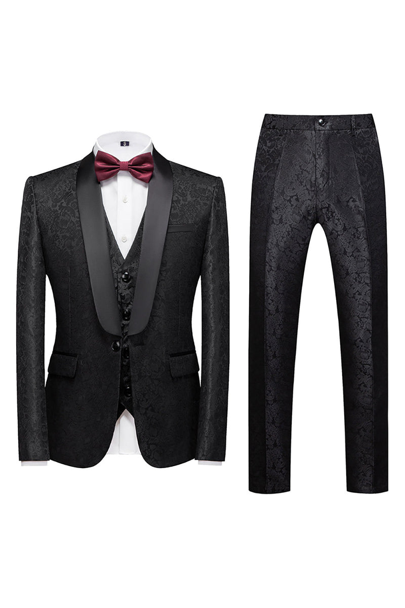 Load image into Gallery viewer, Black 3 Piece Jacquard Shawl Lapel Men's Prom Suits