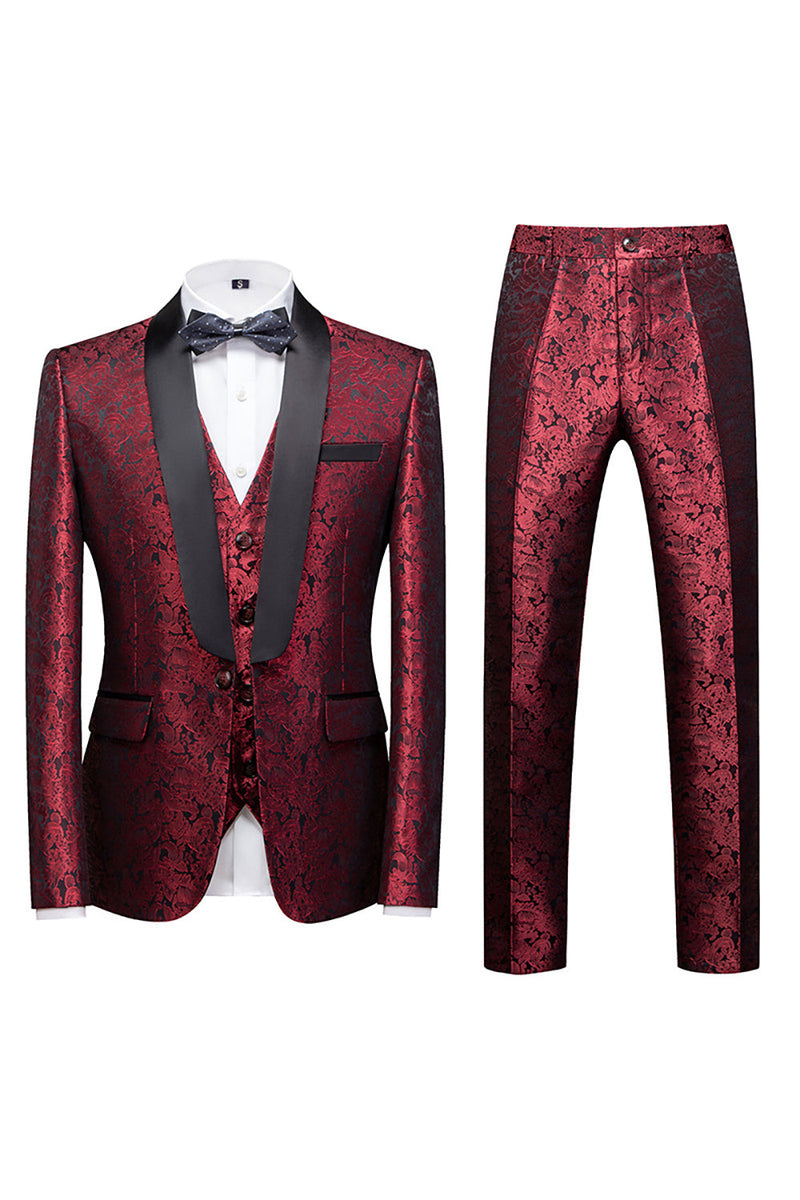 Load image into Gallery viewer, Black 3 Piece Jacquard Shawl Lapel Men's Prom Suits